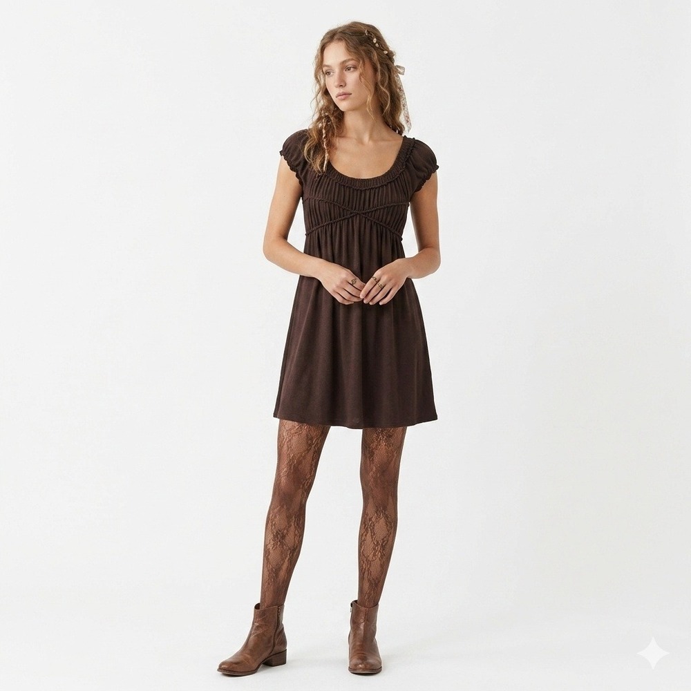 Max Studio Brown Babydoll Ruffle Smocked Mini Dress‎ XS Fairy Boho Y2K Cottage